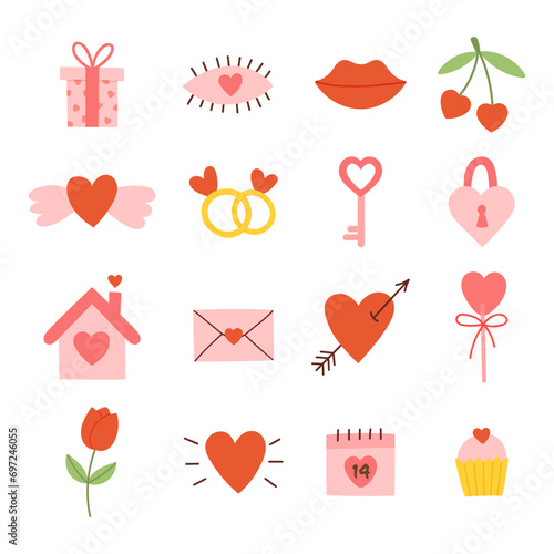 Cute valentines day icon set. Cartoon love romantic stickers elements with hearts. Hand drawn vector illustration