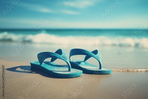 Pair of summer blue flipflops on beach. Azure thongs for leisure sea vacation. Generate ai