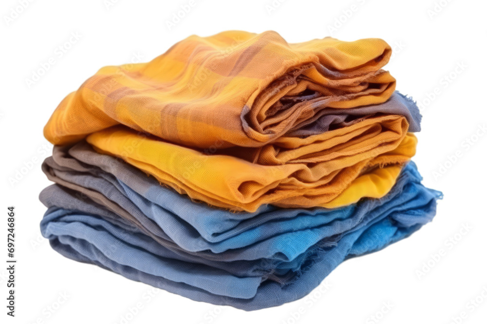 Some neatly folded old clothes on a white background