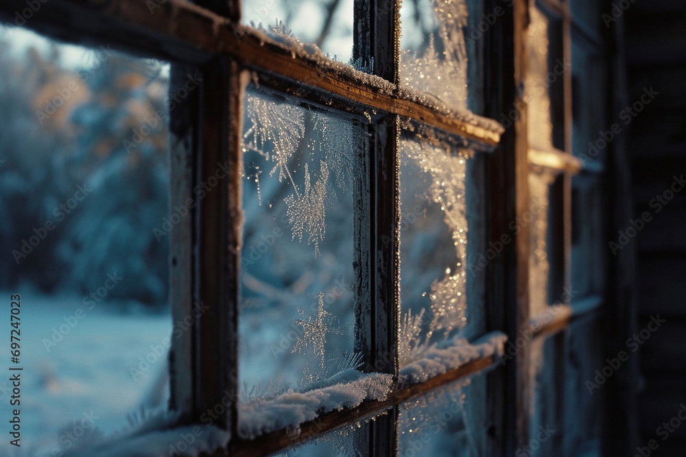 cinematic shot through a frost-covered window, symbolizing the chilly beauty of a snowy morning. cinematic shot through a frost-covered window, symbolizing the chilly beauty of a snowy morning.