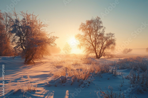 elegance of a snowy morning sunrise, capturing the soft hues and beauty of the landscape in a cinematic photo.