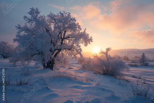 elegance of a snowy morning sunrise, capturing the soft hues and beauty of the landscape in a cinematic photo.