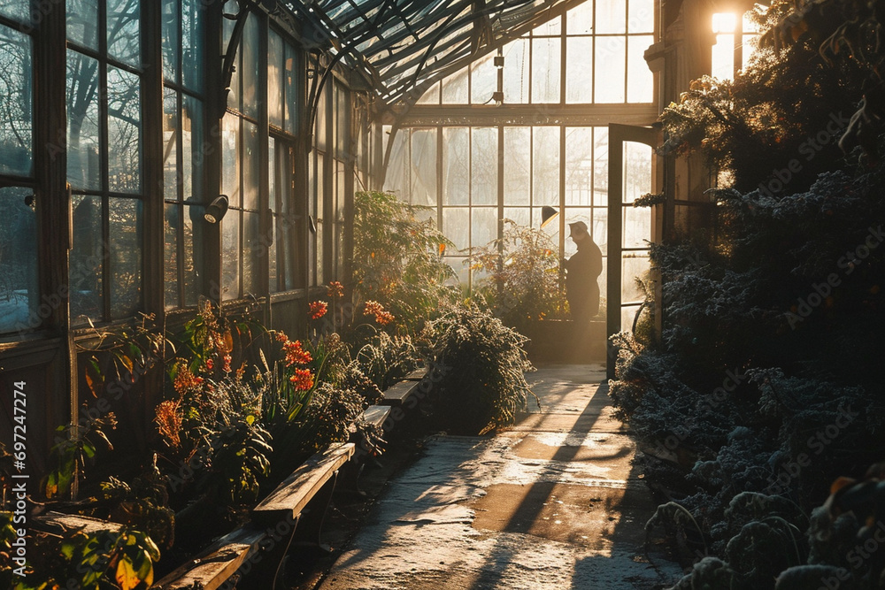resilience of individuals tending to winter gardens in the early morning, presenting a cinematic scene. resilience of individuals tending to winter gardens in the early morning, presenting a cinematic scene.