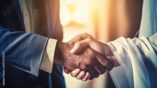 Successful businessman shaking hands with Arab businessman. photo