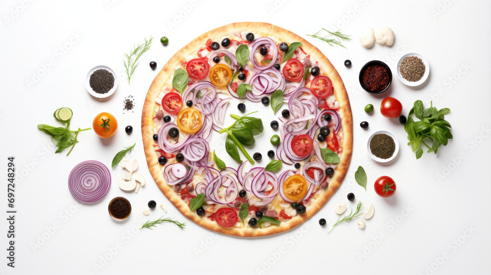 The ingredients for homemade pizza on white wooden background. The ingredients for homemade pizza on white wooden background.