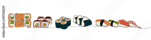 Sushi set, uramaki maki, ehomaki, roll, nigiri, onigiri one line art. Continuous line drawing of sushi, japanese, food, roll, culture, tasty, restaurant, japan, asian, sea, menu