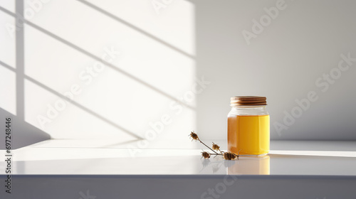 Natural floral golden honey in glass jar on table in light colored kitchen. White wall Background, bee farm for production of homemade healthy honey. photo