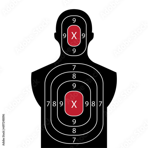Human shoot target. Firearm and archery shooting range practicing human torso silhouette, sniping sport competition, military or police weapon training vector target with scoring sections