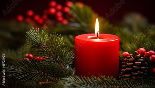 Generative AI image of a candle is lit in a christmas tree with red berries