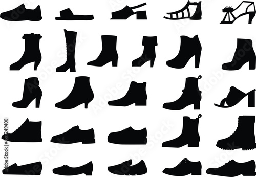 vector fashion shoes silhouette, set of icon boots isolated on white background photo
