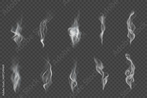 Realistic wavy smoke effect. Vector illustration. Swirl cloudy fog, vapor isolated on transparent background