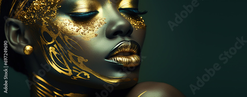  Beauty woman painted in black skin color body  gold makeup  lips  eyelids in gold color paint