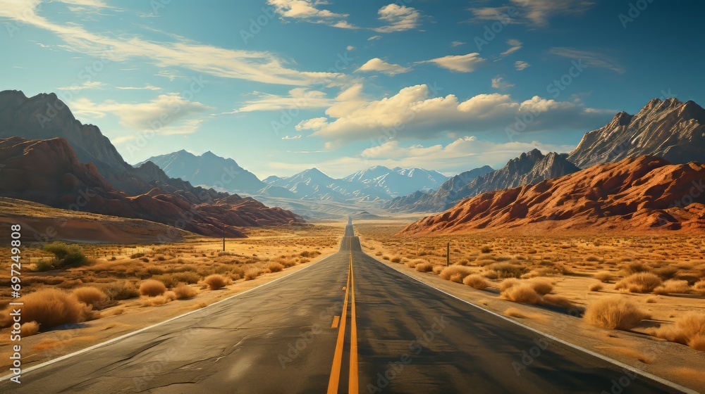 Generative AI image of a desert road - obrazy, fototapety, plakaty 