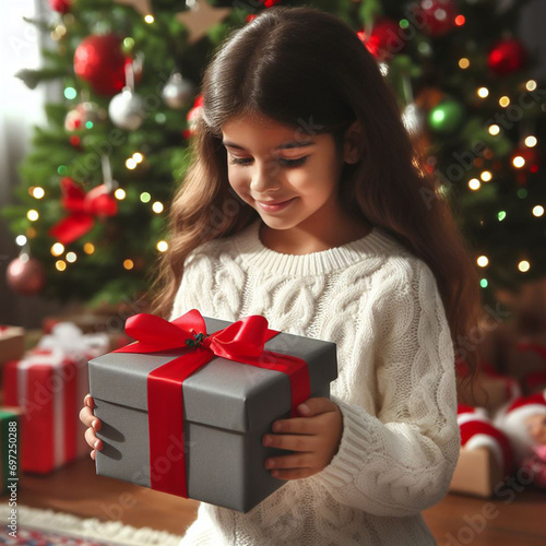 Holidays, presents, christmas and people concept - smiling little girl in santa hat with gift box at home