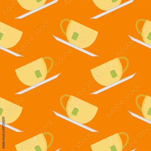 cup of tea seamless pattern vector illustration. tea cup engraving seamless pattern on light background. Vintage hand drawn bages set. Illustration for menu, ads