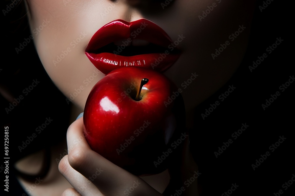 Female red lips with red apple. Seductive woman portrait fruit savoring moment. Generate ai - obrazy, fototapety, plakaty 