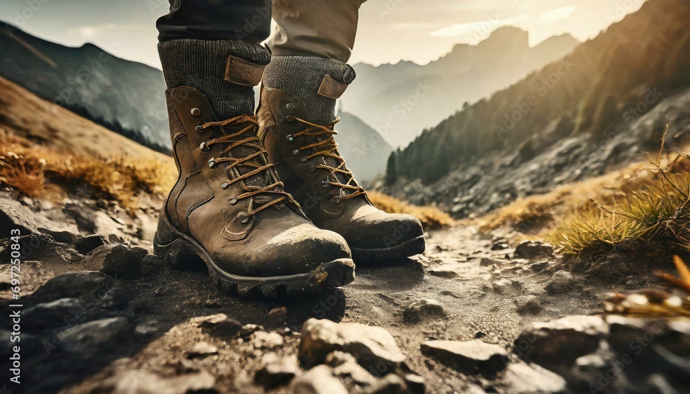 Journey to the Summit: Close-up shot of leather hiking boots trekking up a rocky mountain trail, showcasing the rugged terrain in background. Generative AI - obrazy, fototapety, plakaty 