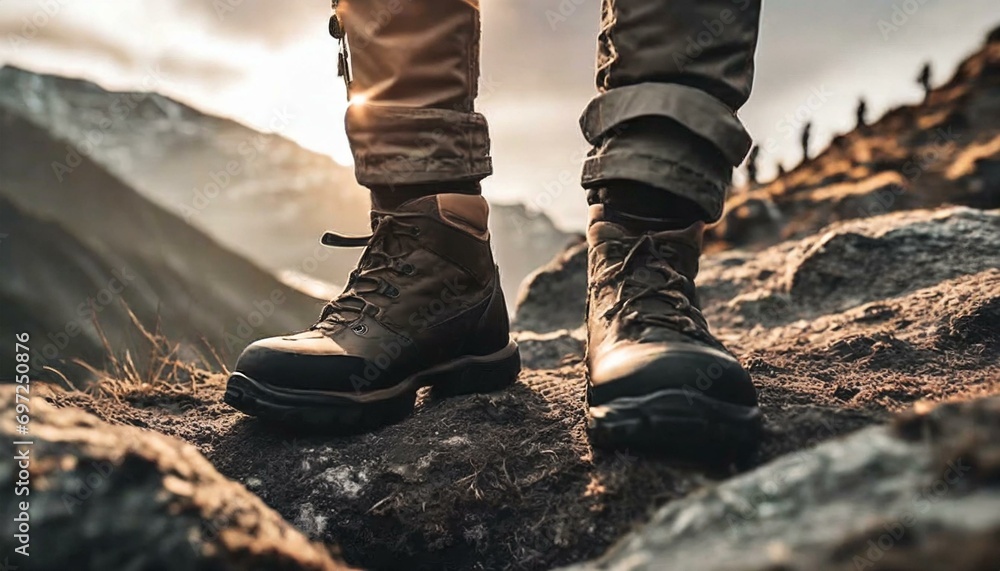 Journey to the Summit: Close-up shot of leather hiking boots trekking up a rocky mountain trail, showcasing the rugged terrain in background. Generative AI Journey to the Summit: Close-up shot of leather hiking boots trekking up a rocky mountain trail, showcasing the rugged terrain in background. Generative AI