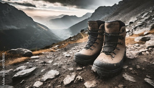 Close-up shot of leather hiking boots. On a rocky mountain trail, showcasing the rugged terrain in background. Generative AI