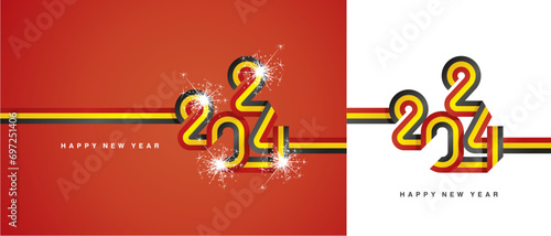 New Year 2024 continuous ribbon in the shape of 2024. Abstract black yellow red flag of Belgium shape 2024 logo gift wrapping tape isolated on white and red background