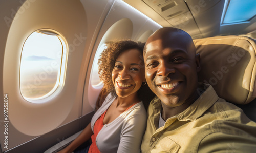 Happy smiling black couple is flying in an airplane in first class, travel relax and recharge © Andrii IURLOV