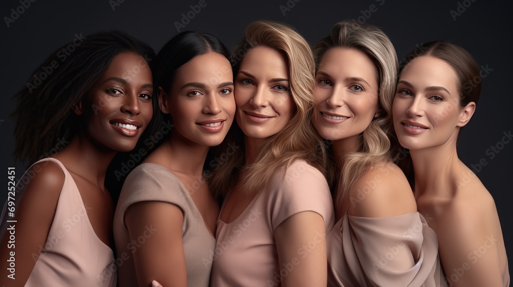Obraz premium Empowered Women United: Diverse Group of Confident Women Embracing Girl Power in a Studio