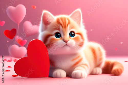 Cute fluffy cats with heart on a pink background.