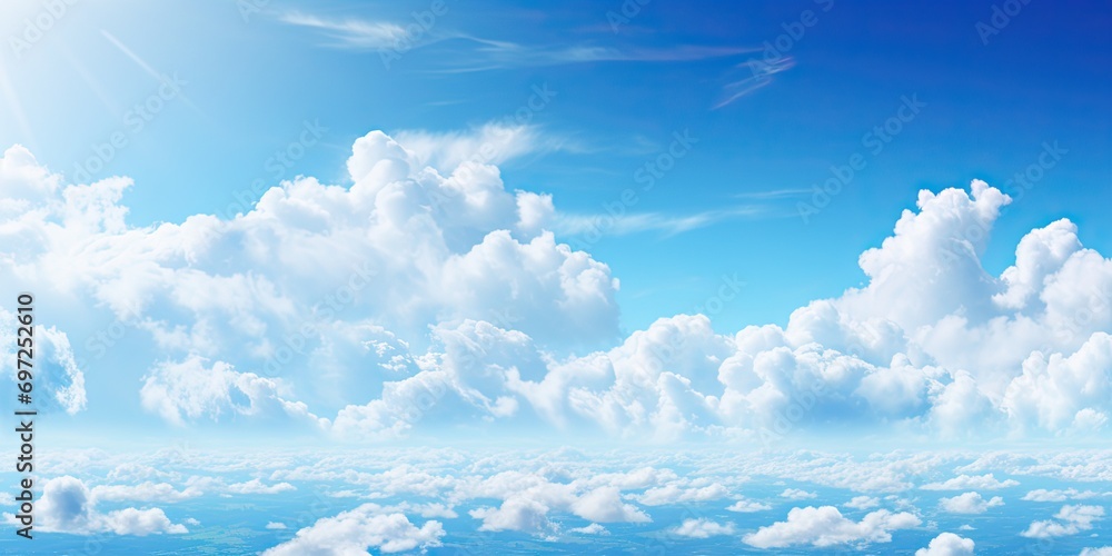 Beauty of summer sky with scattering of fluffy white clouds against backdrop of bright blue. Scene exudes tranquility and making ideal for aim to evoke calm and peaceful atmosphere - obrazy, fototapety, plakaty 