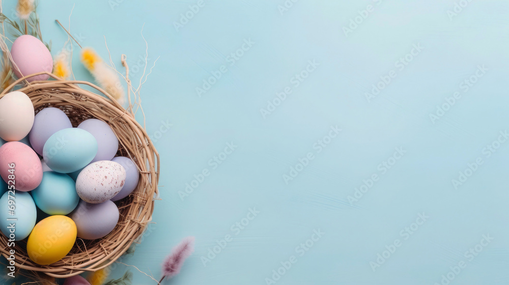 Easter holiday celebration, pastell colored eggs on bird nest on bright blue background, top view with space for text and design, greeting card