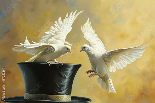 Two white doves flying out of a magician's hat