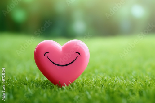 Smile Pink heart Valentine s Day. isolated on green grass in blur background select focus heart