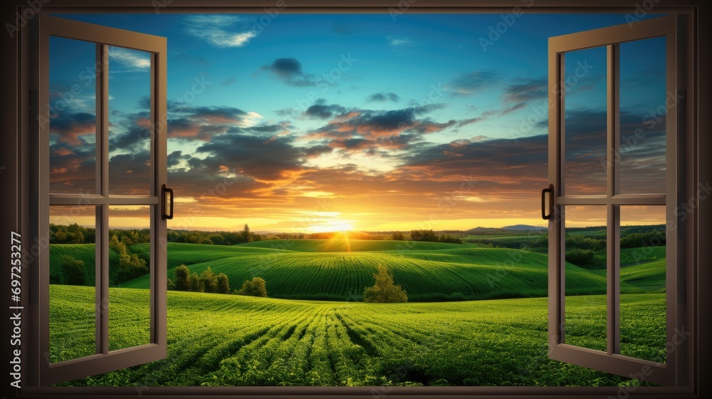 Fototapeta premium Nature's Canvas: Open Window Framing a Tranquil Green Field Under a Captivating Sunset Sky - Escape to Serenity.
