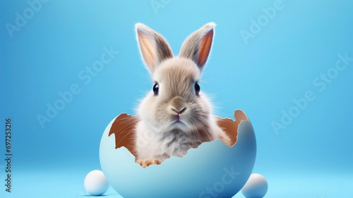 Easter holiday celebration, brown bunny rabbit sitting in a broken egg shell on bright blue background, greeting card