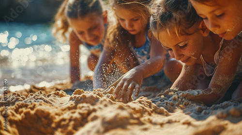 niños jugando con la arena de la playa photo