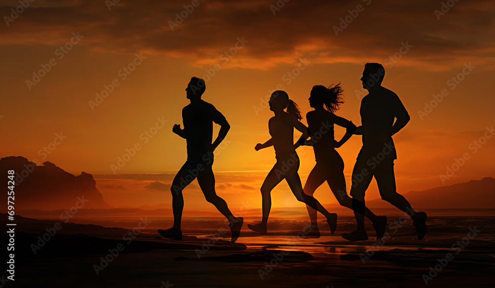 Sporty and healthy lifestyle, friends jogging at sunrise on summer beach. Silhouette of group of people running on sunny beach. team run at sunset sea. Mens and women have fun. sunshine. 