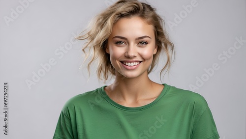 Isolated Background, Young Russian Woman Wearing Green T-Shirt, Studio Shot, Portrait Shot, Advertising Shoot photo