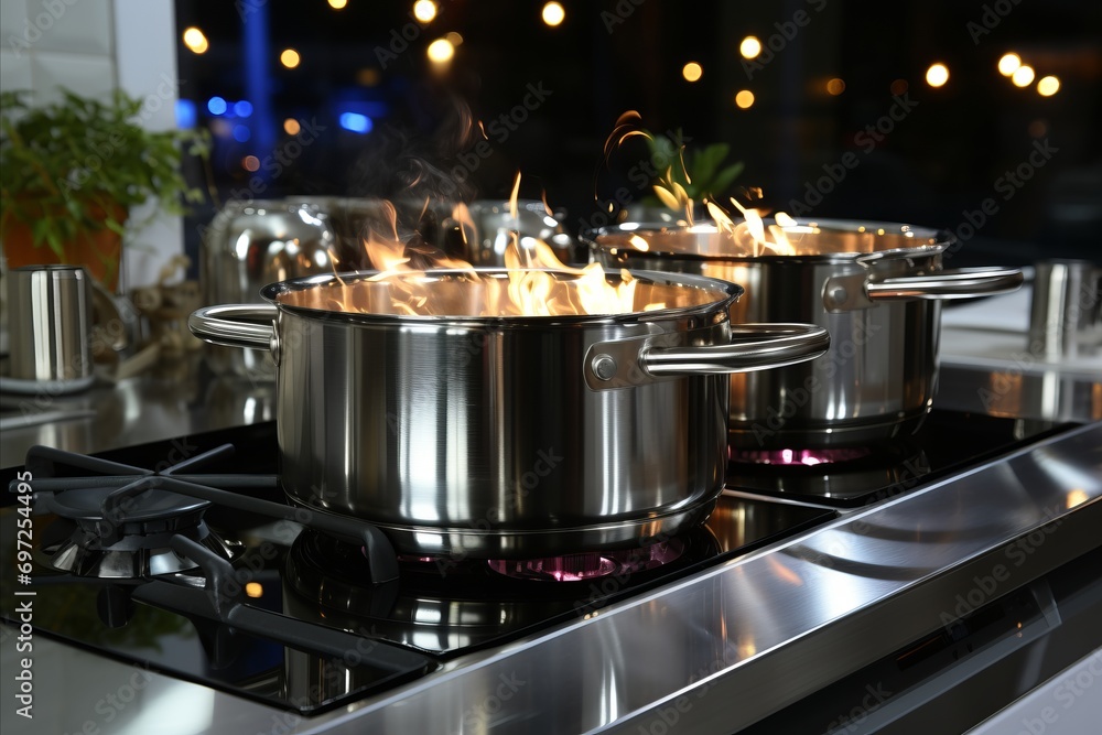 A stainless steel pan is installed on the hob in the kitchen. A stainless steel pan is installed on the hob in the kitchen.