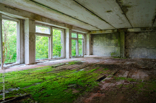 Premises of abandoned school in resettled village of Pogonnoe in exclusion zone of Chernobyl nuclear power plant, Belarus