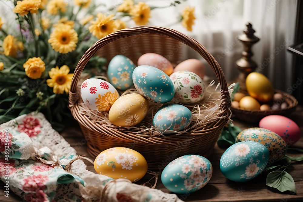 Basket with floral Easter eggs. Flowers in the background