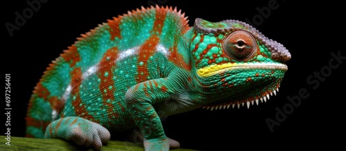 closeup of amazing chameleon on black background. © diwek