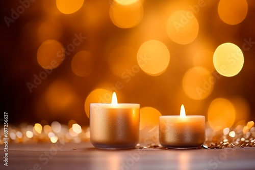 Two estive candles on the table with bokeh lights on background. Merry Christmas  happy New Year concept. 