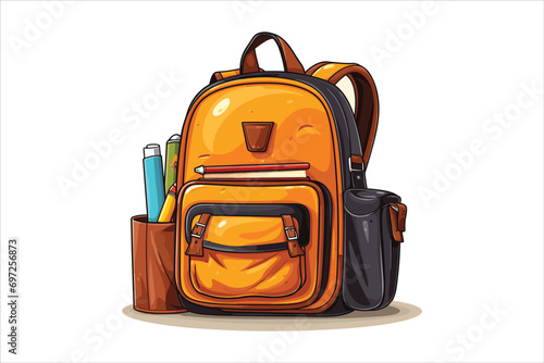 School bag isolated on white, school bag with school supplies, icon, bag, suitcase, vector, travel, sign, symbol, illustration, object, business, school, button, backpack, card, luggage, design photo