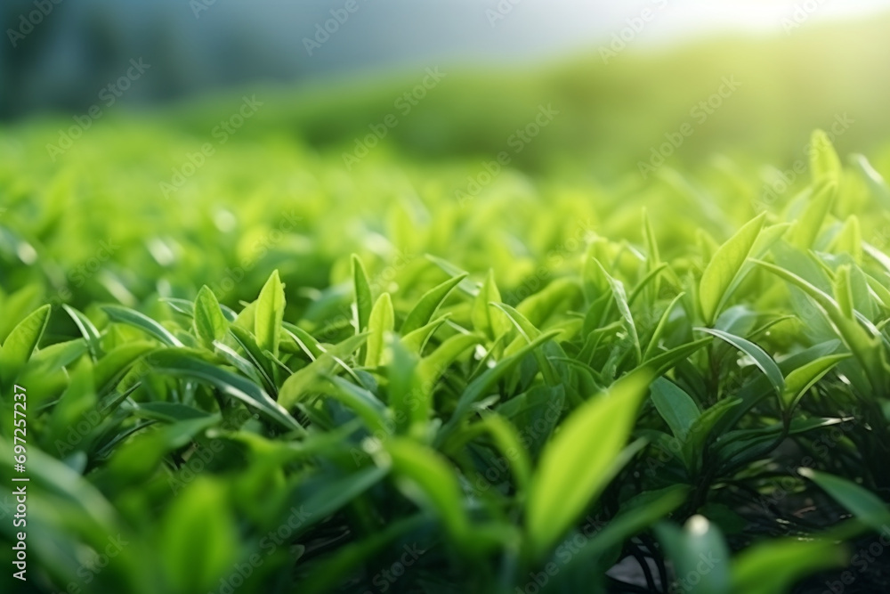 Green tea leaves in a tea plantation in morning Green tea leaves in a tea plantation in morning