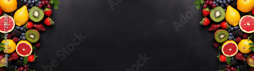Delicious fresh healthy fruits isolated on black background banner 