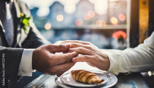 Two gay man holding each others hand in a cafe, croissant photo