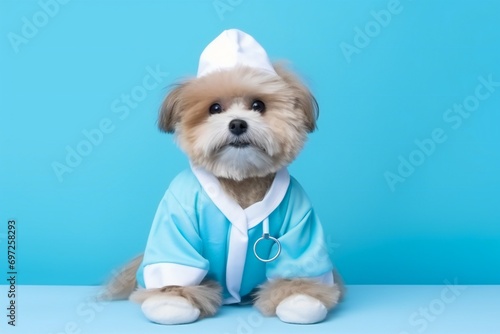 Funny dog wearing like a doctor or nursery isolated on blue background