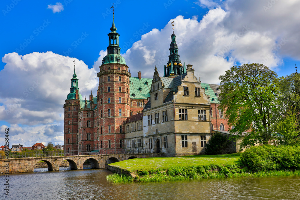 Denmark Frederiksborg Palace view of the castle on a sunny spring day Denmark Frederiksborg Palace view of the castle on a sunny spring day