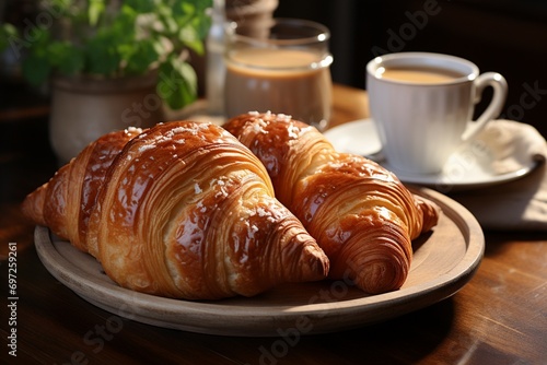 croissant and cup of coffee on morning breakfeast photo