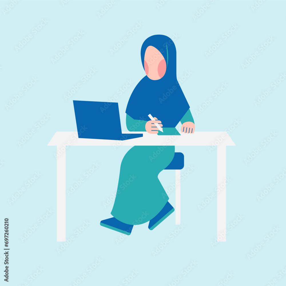 Hijab Woman Working On Desk 