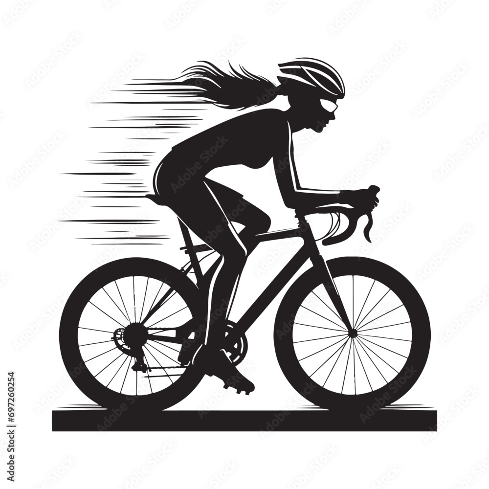 Obraz premium Woman Cycling Silhouette: Coastal Cruise at Dusk, Beachside Ride and Recreational Fitness - Coastal Elegance in Black and White Silhouette 